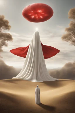 Giant massive huge in stature, majestic entity, hovering and floating over a large field landscape. the entity wears a white and red draped fabric that has printed on the material resembling stars. the fabric has also technological elements. you can see how big it is compared to a tiny human standing in front of it