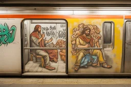 ˂https://soundcloud.com/b-mannen˃ Jesus Christ is Writing the text: "KEBAB BROTHERS" in Graffiti text, in subway