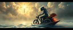 master oil painting by Rembrandt, viggo sandvik as insane eel wild ginger robot on surfboard boat snow trike , goa trance glitch poster, background motion blur, volume fog with light rays, jesus clouds