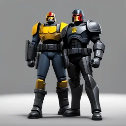 In 3d Mikros animation style. Judge Dredd about to arrest a perp on a neutral grey background