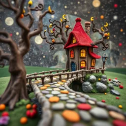 Photograph hasselblad h6d400c --ar 85:128 --v 6.0 of a fairy old bridge, tree, old bewitched house, made of felt, art, 3d deep field, Joan Miró, wide angle landscape scene, galaxies, creepy, needlepoint, abstract silhoutte, expressionist style, colorful holiday