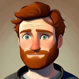 37 year old man. Very sweet man. With auburn hair. Hair cut short. With short beard. Cartoon animated.