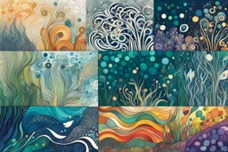 random color Zentangle patterns in the styles of Gustav Klimt ,Wassily Kandinsky, Paul Klee, and Kay Nielsen that depicts an underwater kelp forest