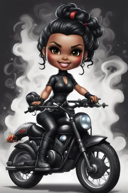 Create a digital airbrush illustration of a chibi cartoon full figure black female riding a sports motorcycle. She is wearing tie dye and black tights with biker boots. Prominent make up with log lashes and hazel eyes. Extremely highly detailed black shiny wavy hair up in a messy bun. Background of smoke surrounding her and the bike and she's at a bike show.