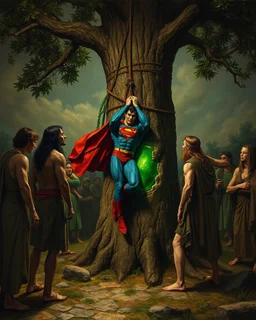 Bosch painting style ,nightmare, a group of people from the Stone Age gathering around a Superman and tied him on a tree in front of a green shining stone of krypton