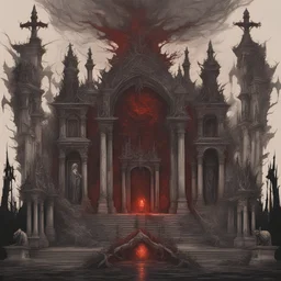 Generate a visually striking artwork that depicts an altar of blood and vampirism drawing inspiration from dark mythology and biblical references. Incorporate elements of chaos, destruction, and a foreboding atmosphere.