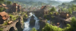 A busy market in beautiful sunny countryside scene with distant hills & fields, many intricate dwellings, a clock-house, many raised pathways & stairways, walkways & bridges, waterfalls & a waterwheel : ultra high detail, photorealistic, epic cinematic, 8K, Large depth of field