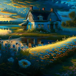 cottage , in the fields, Lake, airbrush, flowers by Van Gogh Modifiers: extremely detailed fantasy 8k oil on canvas very attractive dynamic lighting Unreal Engine cinematic postprocessing Van Gogh Thomas Kinkade glowing Craig Rutkowski