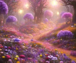 mondo fairy,paesaggio da favola notturno con fiori fluoriscenti, alberi magici,fiori colorati luminosi.