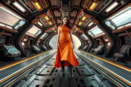 beautiful full body with long boots and midi dress lady in surreal sifi 30 th centurey space ship open air deck made of fractal random size modern mechanical metalic basic objects with helical colors,geers, in clothing similar to environment full body posing to camera