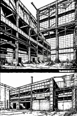 Abandoned industrial warehouses, line arts, manga style