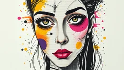 A mixed media collage featuring an abstract female figure with expressive eyes, adorned in vibrant patterns and symbols that evoke emotion., focus on face, isolated background, color splashes, scribbles, pen strokes, collage style, mixed media collage, scrapbook aesthetic, yellow-orange black purple pink white tones, vintage paper textures, hand drawn elements, playful use of shapes, bold shadows, whimsical atmosphere, textured brushstrokes, monochromatic palette, light pastel colors --ar 1:2 --