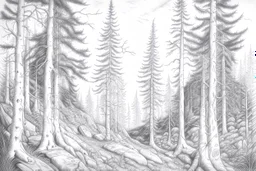 Norwegian forest, woodland- Pencil drawing, illustrative, graphite, crosshatching