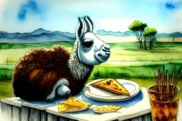 Cute llama is having breakfast. Aquarell