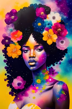 figure of afro woman covered in paint with flowers in space, watercolor