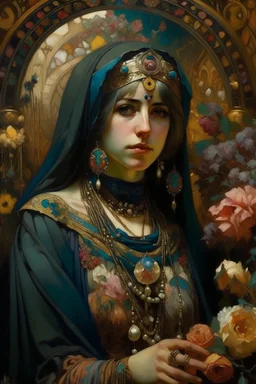 Artistic painting by paintbrush, Portrait of Muslim woman in burqa, flowers in turban, loads of hanging crystals and flowers, heavy makeup, loads of jewellery, painted by in style of Alfons Mucha