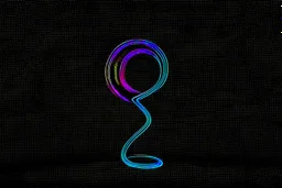 black background, outlines of a holographic question mark drawn from thin neon-coloured glowing lines