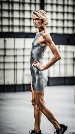 beautiful anorexic woman, total shot, short grey metallic triathlon swimsuit, short blond wavy bob hair, blurred concrete background