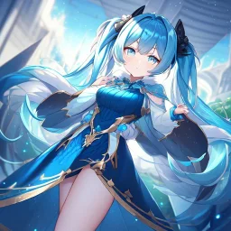 Clear focus, high resolution, cyan pigtails long fluffy hair, cyan eyes, wearing a Hastune Miku outfit