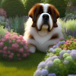 pixar style, volumetric summer garden environment and background, realistic painting of saint Bernard, looking excited, volumetric lighting, dramatic lighting, detailed digital painting, extreme dense and fine fur, anime, ornate, colour-washed colors, elegant, small minutiae, tiny features, particulars, centered, smooth, sharp focus, renderman gofur render, 8k, uhd, detailed eyes, realistic shaded volumetric lighting, sunlight caustics, backlight, centered camera view