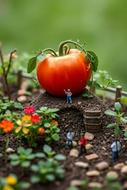 A tiny world of a garden with giant tomato and tiny people walking around
