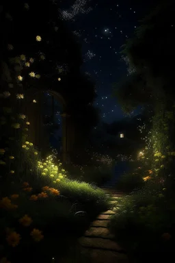 generate me an image of luxurious gardens with tall overflowing foliage and beautiful flowers at night with fireflies