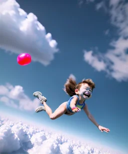 Ultra realistic clouds sky scene, wide angle, medium shot view, portrait, sweet Child, free jumping flying, trinkets, hair monster, jelly beans, balls, smile, happy, Peter Pan style, inflatable color clothing, extreme, wind, clouds sea, 20,000 feet altitude, stratosphere, soft color, highly detailed, unreal engine 5, ray tracing, RTX, lumen lighting, ultra detail, volumetric lighting, 3d, finely drawn, high definition, high resolution.