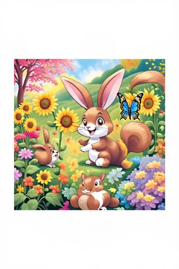 The cute bunny excitedly looks at a bright yellow sunflower in the colorful garden, the beautiful butterfly and the friendly brown squirrel are next to the bunny and smiling, child book illustration style, faces must be the same as reference image