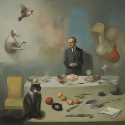 UN conference,a cat and human flesh-like surgical instruments and universe-like a pigeon and neuralink, surrealism,minimalism,Painting By Adrian Ghenie, Rene Magritte, Salvador Dali, Lucian Freud