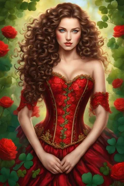 Photography beautiful woman with curly brown hair wearing a mesmerizing red corset dress adorned with intricate floral designs. Her lovely bright blue eyes should exude innocence and allure, and the photograph should feature a full body view. Surround her with clover leaves and yellow flowers, and make sure to use vibrant, colorful hues to bring this delightful scene to life