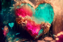 Double exposure, merged layers, turquoise, red and pink made with concrete and driftwood and rare pearl and low voltage filament lit, golden patina, in sunshine, corrosion, heart and love, angora fur, burlap, waterfall, flowers, in sunshine, ethereal, cinematic postprocessing, bokeh, dof