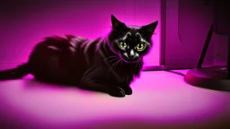 Cute black cat sitting on a gaming chair, in front of a gaming PC table, in a dark room with purple lights and gaming posters, atmospheric, gorgeous, realistic