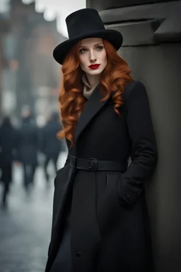 symmetry!! ultra realistic photo of ginger hair girl!!, face like Jessica Chastain, slightly smiling, red lips, beautiful natural green eyes, she is on a street in Ireland, it is winter, she is wearing a hat, black coat and leather boots, highly detailed, photo, realistic