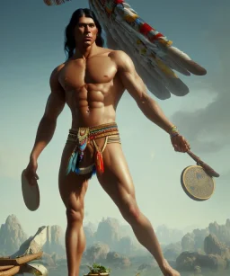 native american warrior, long black hair, standing on shattered glass, big muscles, loincloth, shirtless, 8k resolution concept art portrait by Greg Rutkowski