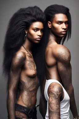 Beautiful black woman with long black hair standing next to twin brother with a scar and tattoos, fantasy, ethereal, soft lighting, realistic lighting, HD 8K