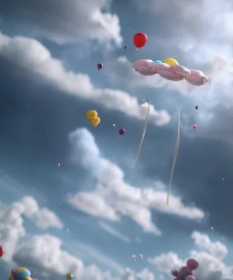 Ultra realistic speed clouds sky scene, wide angle view, strong men falling down with many Childs background, circus clothing style, feather color clothing, free jumping flying, many trinkets, hair monster, many jelly beans, balls, color smoke, smile, happy, extreme, wind, clouds sea, 20,000 feet altitude, stratosphere, soft color, highly detailed, unreal engine 5, ray tracing, RTX, lumen lighting, ultra detail, volumetric lighting, 3d, finely drawn, high definition, high resolution.