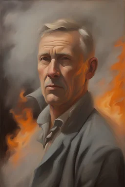 Portrait of Olaf Jorgensen - oil painting by Georgie Porjie - fire, fog, mist, smoke