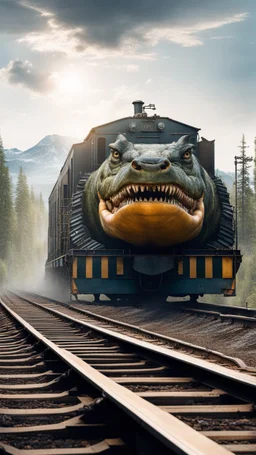 A giant creature looks like big food laying on a train train cargo .it is tied up to the train with. Lot of iron chains , no roof on the train, a train is coming toward the open big mouth beast