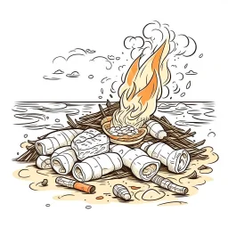 A beach bonfire with marshmallows roasting, cozy, festive, warm firelight, T-shirt design graphic, vector, contour, white background