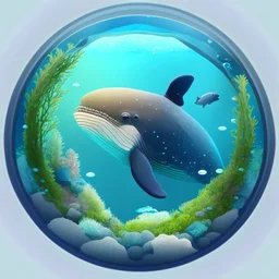 A cute little Humpback whale in a small circular fish tank.