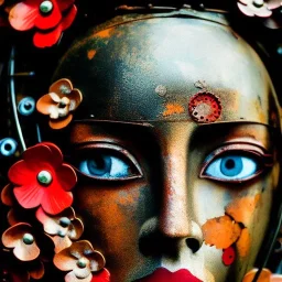 an abstract painting of rusted metal and flowers, Geisha portrait, rust, scaffolding, iron cladding, decay, mixed media, textured, anatomically correct, beautiful perfect face, sharp focus, highly detailed, ghost in the shell, Akira, BladeRunner movie poster, masterpiece, realistic, intricate detail, sci-fi fantasy style, volumetric lighting, particles, highly detailed ,cinamatic , deep colours, 8k, by Gustav Klimt