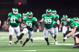 Boston Shamrocks Football team playing against the Toronto Rifles Football team,vintage, hyper-realistic, in color, Boston in green, Toronto in Red