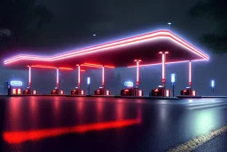  side of the road,gas station,night lighting,rainy, realistic, unity engine, cinematic lighting, scriptable render pipeline.