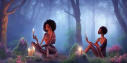 beautiful african woman, sitting in a cirle, candles and crystal, meditating in a enchanted forest, fotorealistic, high quality, landscape