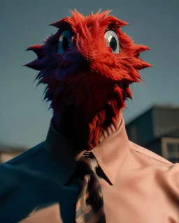 Realistic image, hybrid character, original Elmo muppet head, man body, human arms and hands, Shirt and tie, concept art, smooth, unreal engine 5, god lights, ray tracing, RTX, lumen lighting, ultra detail, volumetric lighting, 3d, finely drawn, high definition, 4k.