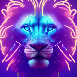 A beautiful portrait of a cyborg lion blue neon color scheme, high key lighting, volumetric light high details psychedelic background