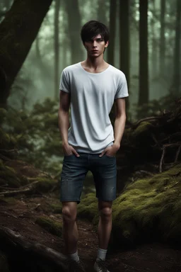 thin 17 year old male with dark short hair and blue eyes wearing a ripped and dirty white teeshirt, in a forest , photorealistic, 4k, dark fantasy