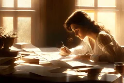 A pretty brown-haired woman sits in front of a table covered with handwritten letters, looking at them perplexedly, in an elegant room in the sunlight.