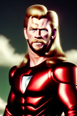 retro portrait image from 1960, sky background, wind, extra long blonde hair, fighting stance, young Chris Hemsworth, clean shave face, black dress, classic long tight lycra black suit, 2 steel disc in busty, big red cap, silver arms, gold bracelet and belt, high boots, soft color, highly detailed, classic comic Thor style, unreal engine 5, ray tracing, RTX, lumen lighting, ultra detail, volumetric lighting, 3d, finely drawn, high definition, high resolution.