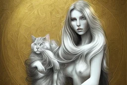 long haired woman with cat, white watercolor and black ink, golden glitters